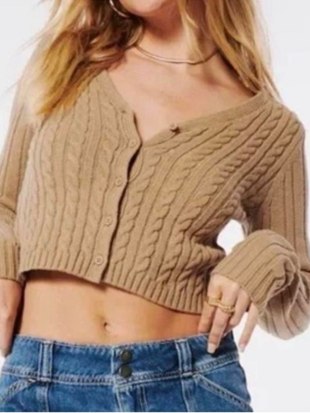 Hollister Cropped Cable Knit Button-Front Sweater - Camel